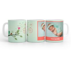 Birds On Tree Branch With Light Green Love Symbols Background Design Photo Mug Printing