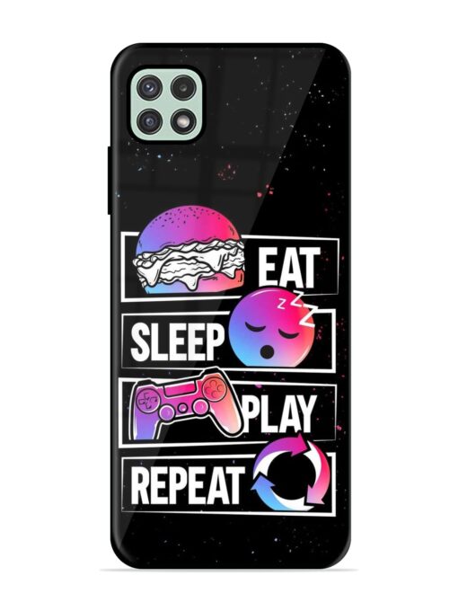 Eat Sleep Play Repeat Glossy Metal Phone Cover for Samsung Galaxy A22 (5G) Zapvi