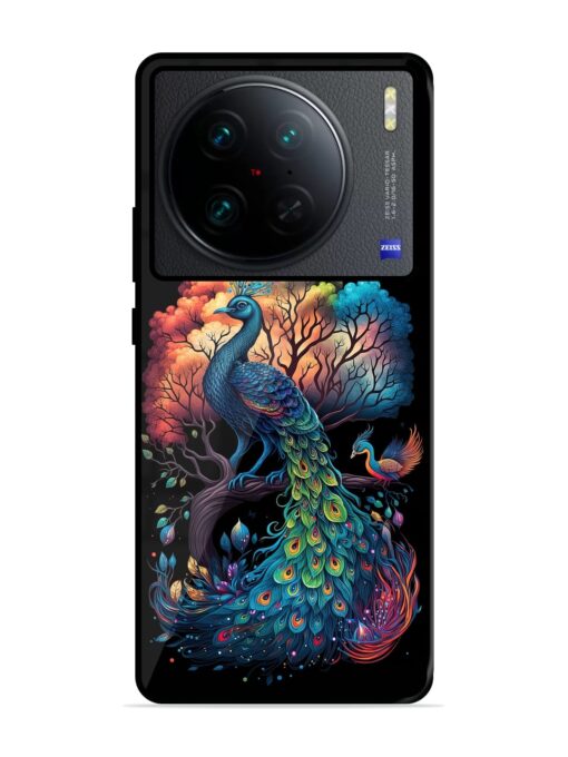 Peacock Tree Art Glossy Metal Phone Cover for Vivo X90 Pro