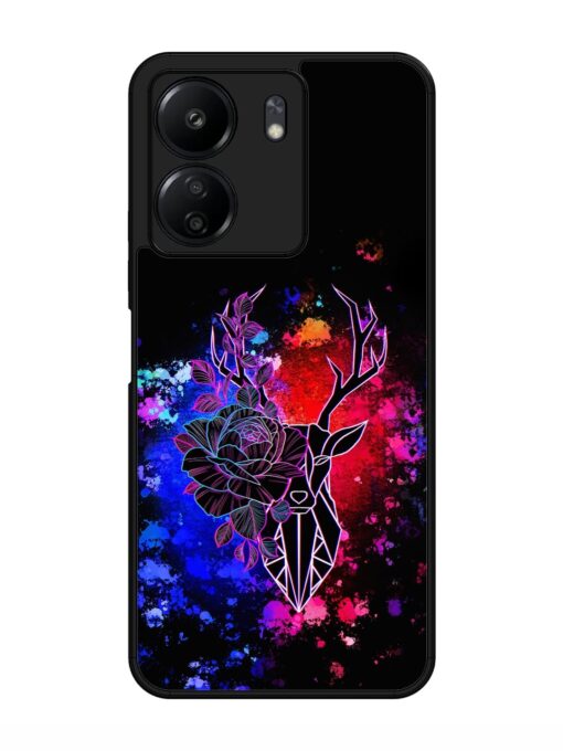 Floral Deer Art Glossy Metal Phone Cover for Xiaomi Redmi 13C (4G)