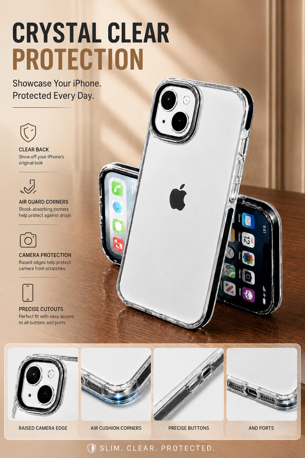 Premium Crystal Clear Hybrid Case for Apple Iphone 15 with Metal Camera Guard & Shockproof Corners Zapvi